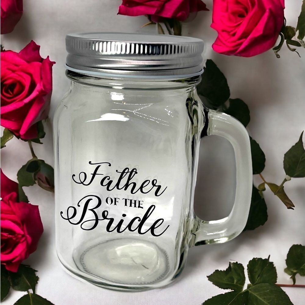 NWT Wool + Pepper Co. FATHER OF THE BRIDE Glass Mason Jar Cup with Handle
